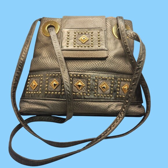 Bags by Pinky Vintage Metallic Silver Leather Shoulder Gold Studs Grommets USA - Picture 1 of 16